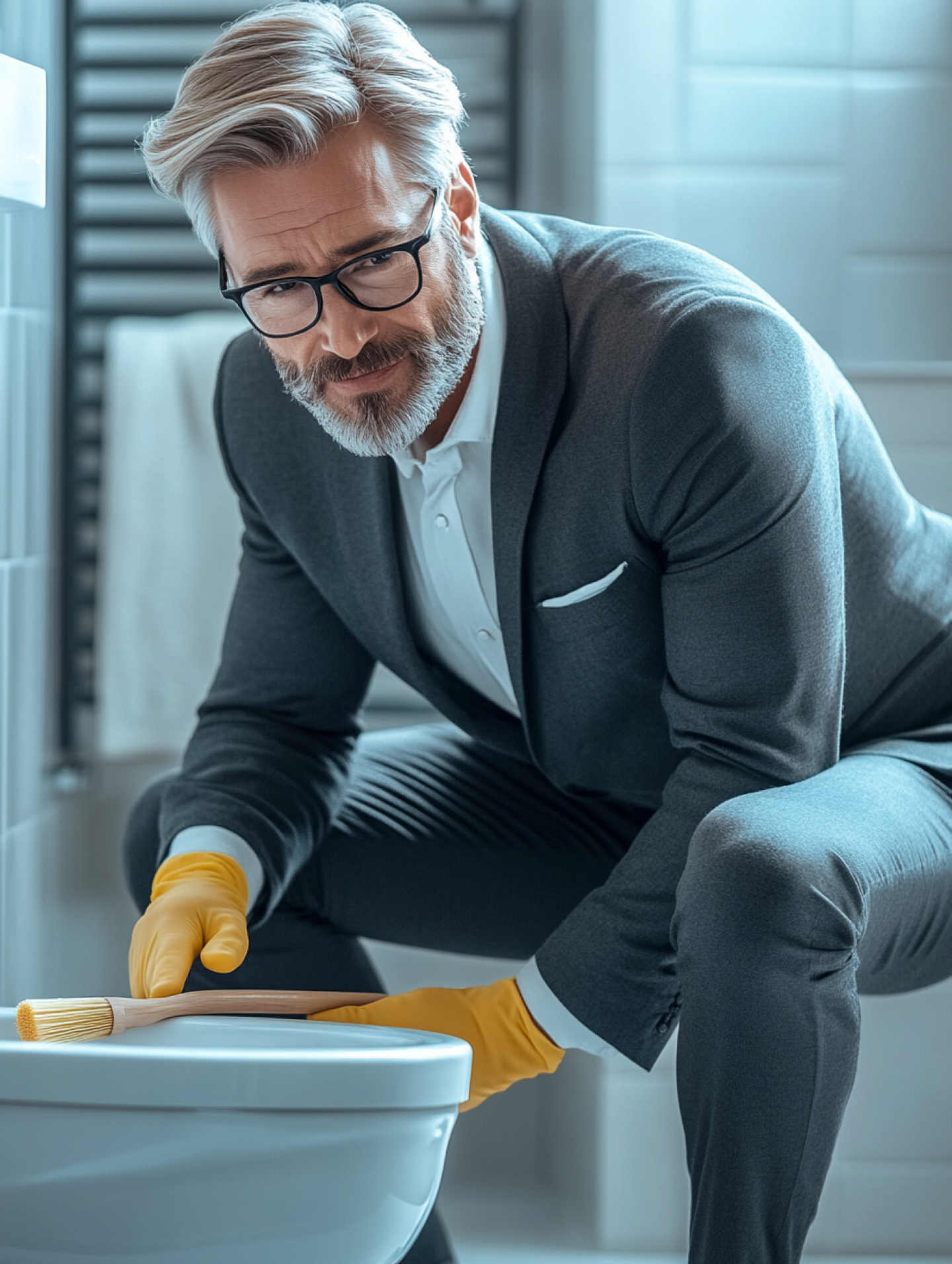 Why are you wearing a suit to clean the toilet